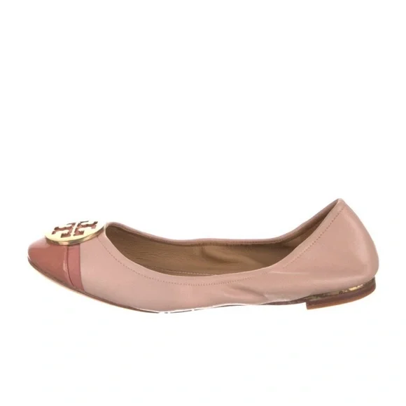 TORY BURCH Minnie Shell Pink Leather Logo Travel Ballet Flat Size 7.5 - Picture 2 of 7